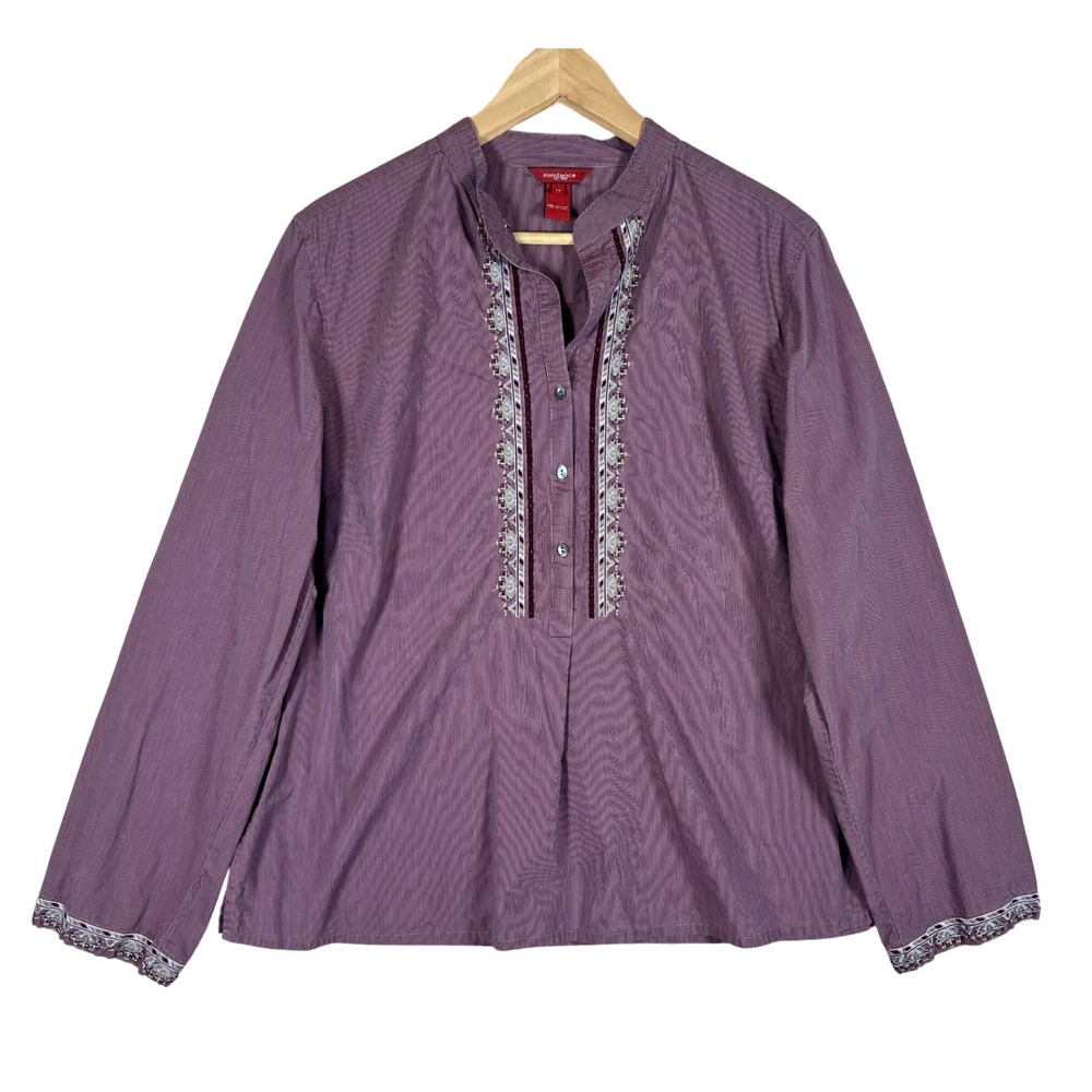 Sundance Embroidered Striped Tunic Top Women's Size 14 Long Sleeve Blouse COTTON